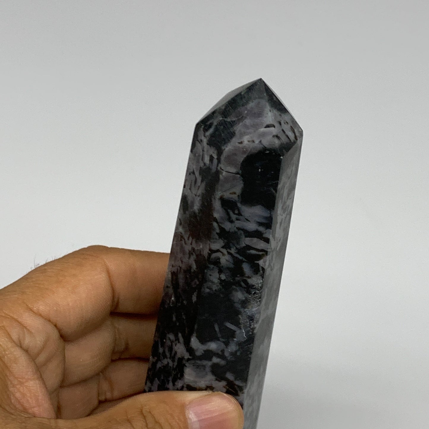 360.2g, 7.6" x 1.5" x 1.3" Indigo Gabro Merlinite Point Tower @Madagascar,B18383