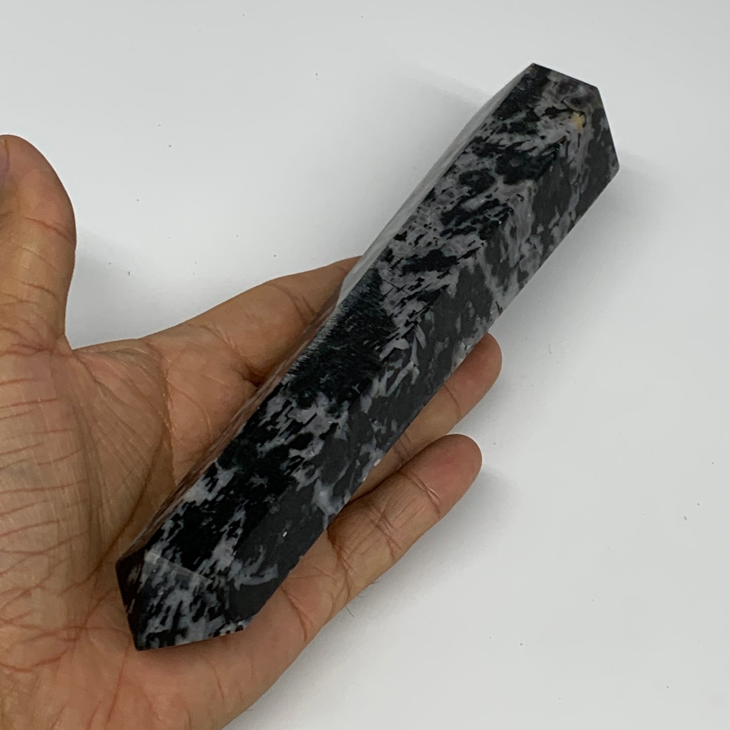 391.3g, 7.5" x 1.5" x 1.4" Indigo Gabro Merlinite Point Tower @Madagascar,B18384