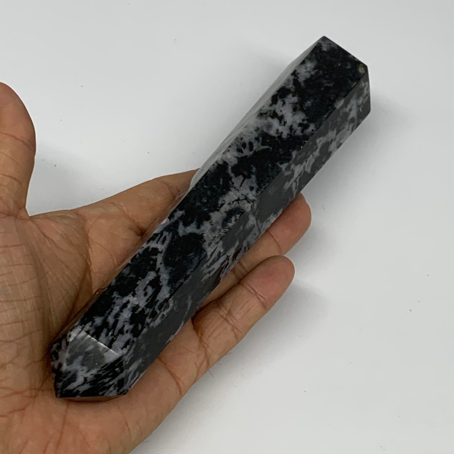 391.3g, 7.5" x 1.5" x 1.4" Indigo Gabro Merlinite Point Tower @Madagascar,B18384