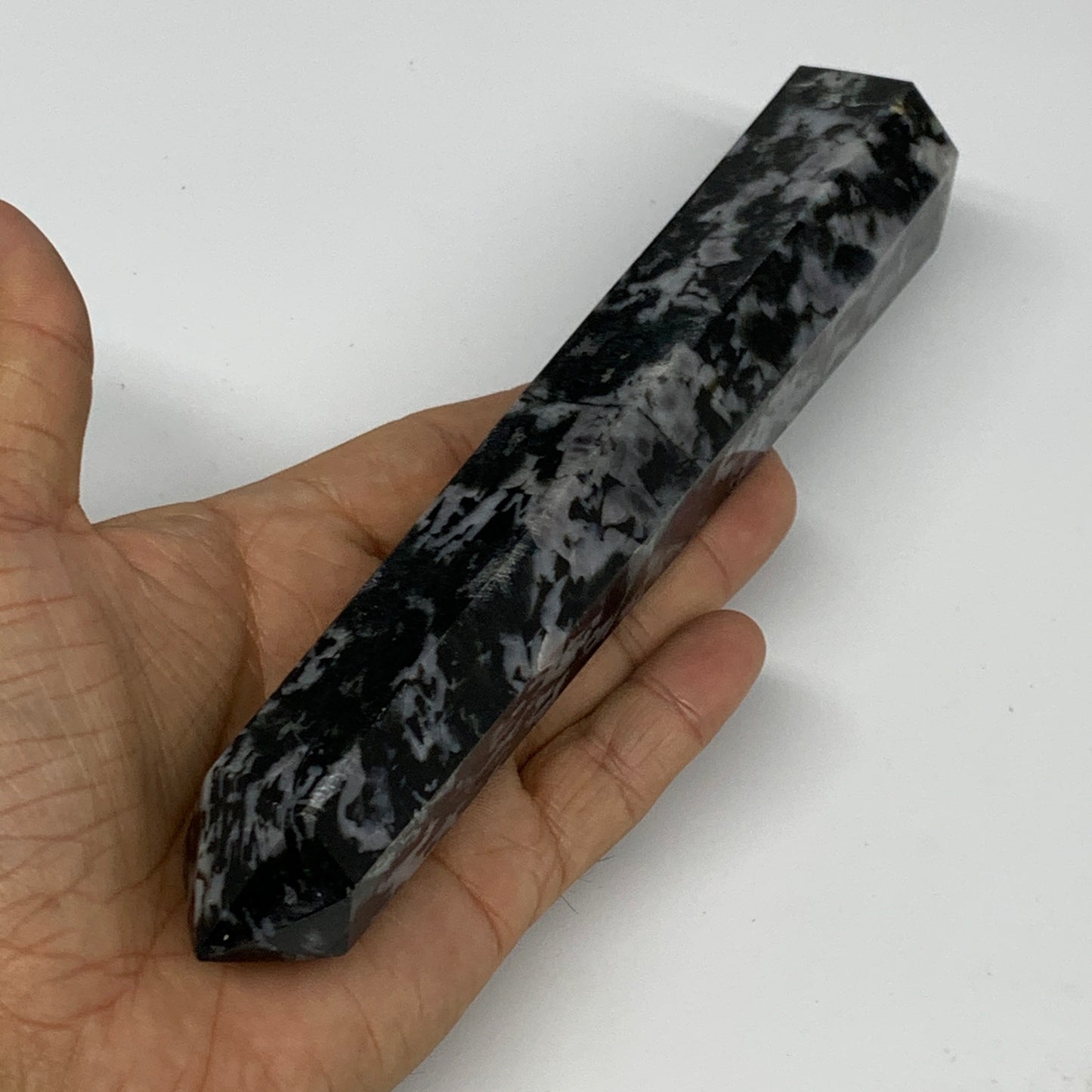 391.3g, 7.5" x 1.5" x 1.4" Indigo Gabro Merlinite Point Tower @Madagascar,B18384
