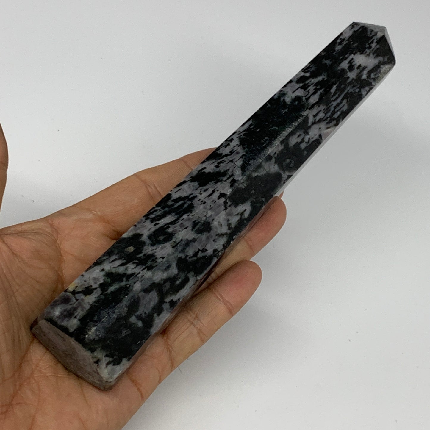 391.3g, 7.5" x 1.5" x 1.4" Indigo Gabro Merlinite Point Tower @Madagascar,B18384