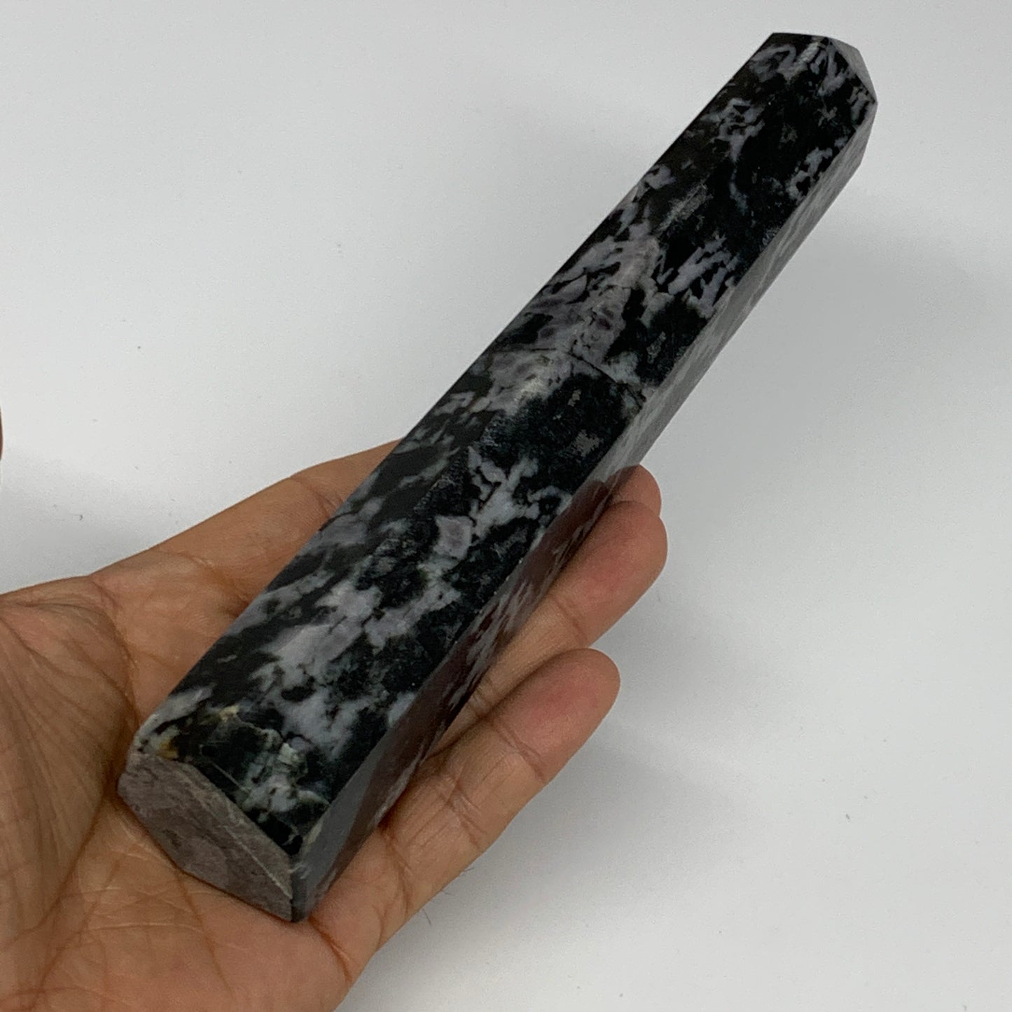 391.3g, 7.5" x 1.5" x 1.4" Indigo Gabro Merlinite Point Tower @Madagascar,B18384