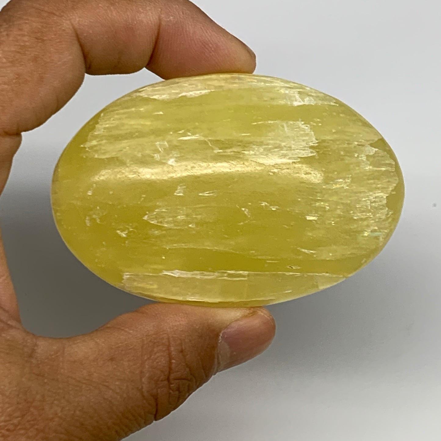133g, 2.8"x1.8"x1", Lemon Calcite Palm-Stone Crystal Polished @Pakistan,B25510