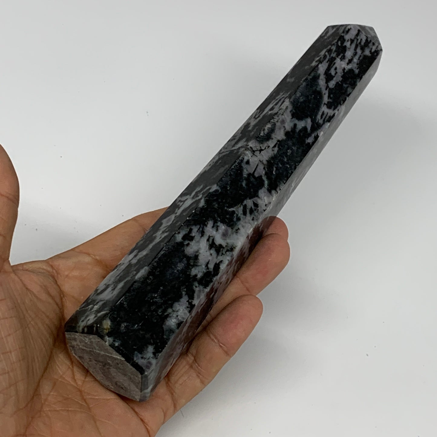 391.3g, 7.5" x 1.5" x 1.4" Indigo Gabro Merlinite Point Tower @Madagascar,B18384