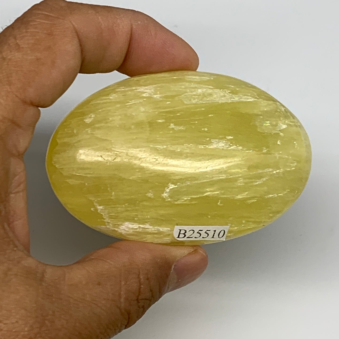 133g, 2.8"x1.8"x1", Lemon Calcite Palm-Stone Crystal Polished @Pakistan,B25510