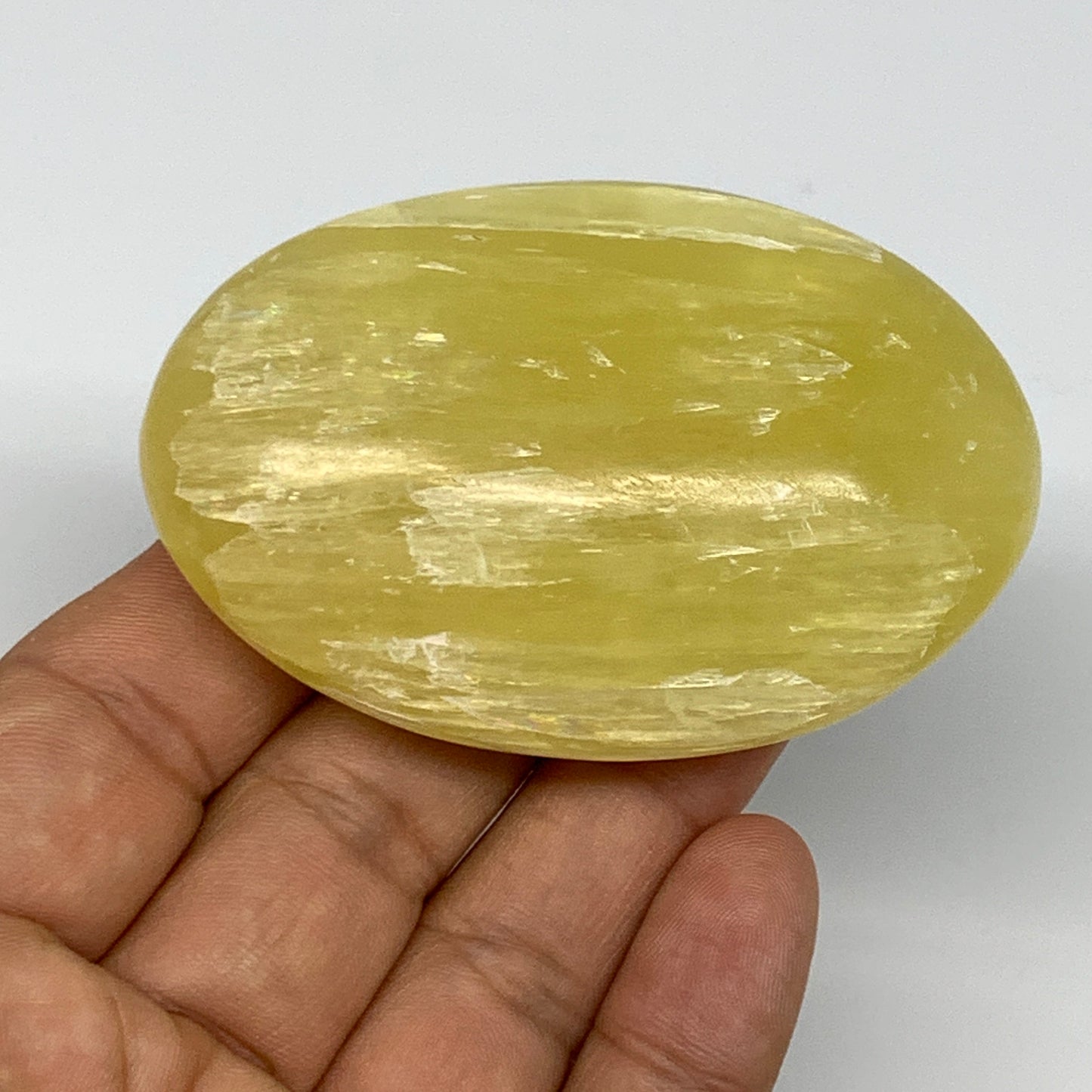 133g, 2.8"x1.8"x1", Lemon Calcite Palm-Stone Crystal Polished @Pakistan,B25510