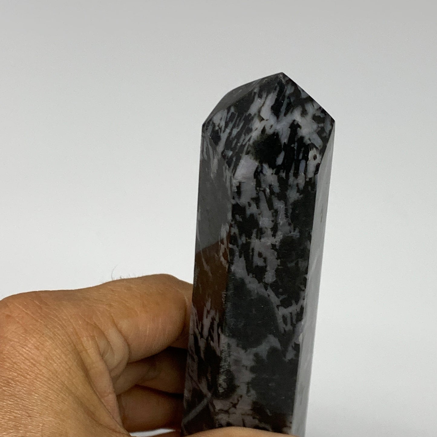 391.3g, 7.5" x 1.5" x 1.4" Indigo Gabro Merlinite Point Tower @Madagascar,B18384
