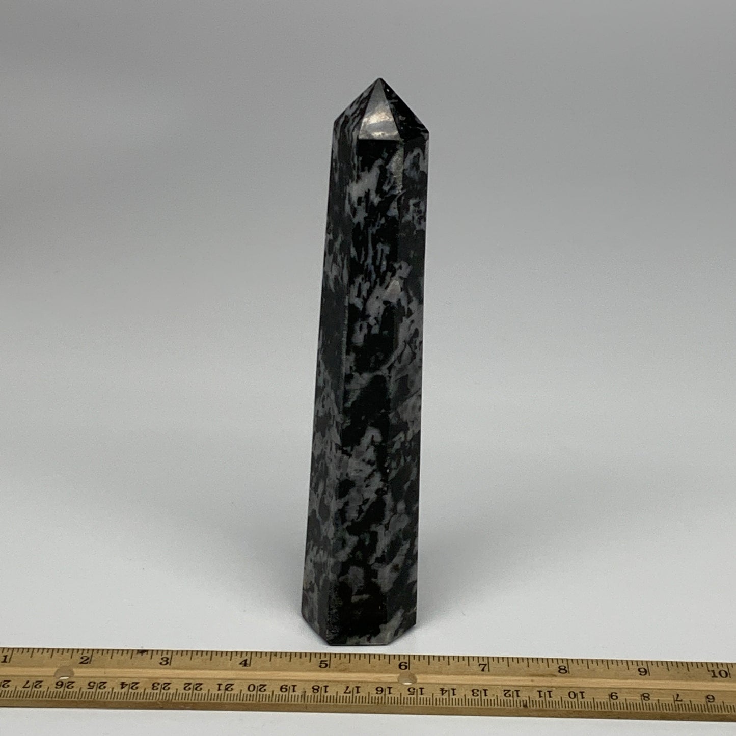 391.3g, 7.5" x 1.5" x 1.4" Indigo Gabro Merlinite Point Tower @Madagascar,B18384