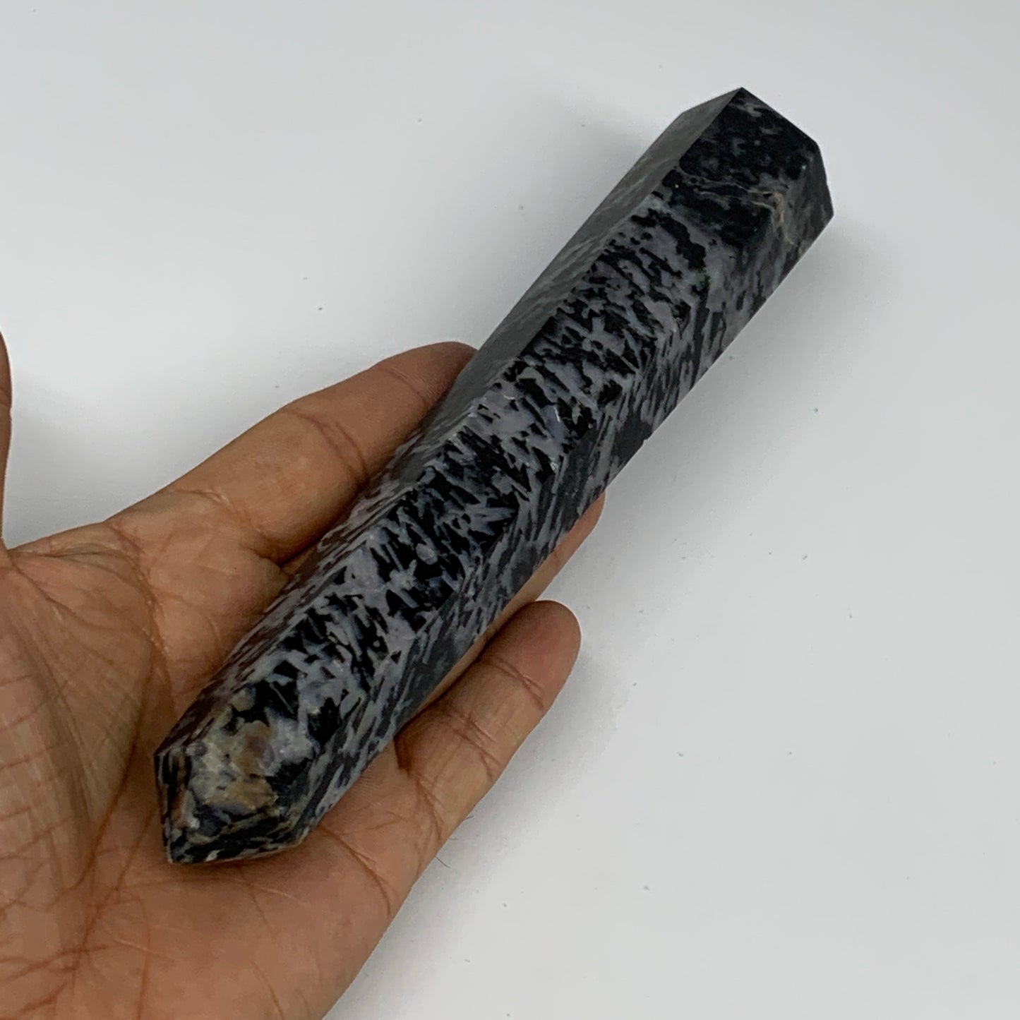 327.2g, 7.4" x 1.4" x 1.2" Indigo Gabro Merlinite Point Tower @Madagascar,B18385