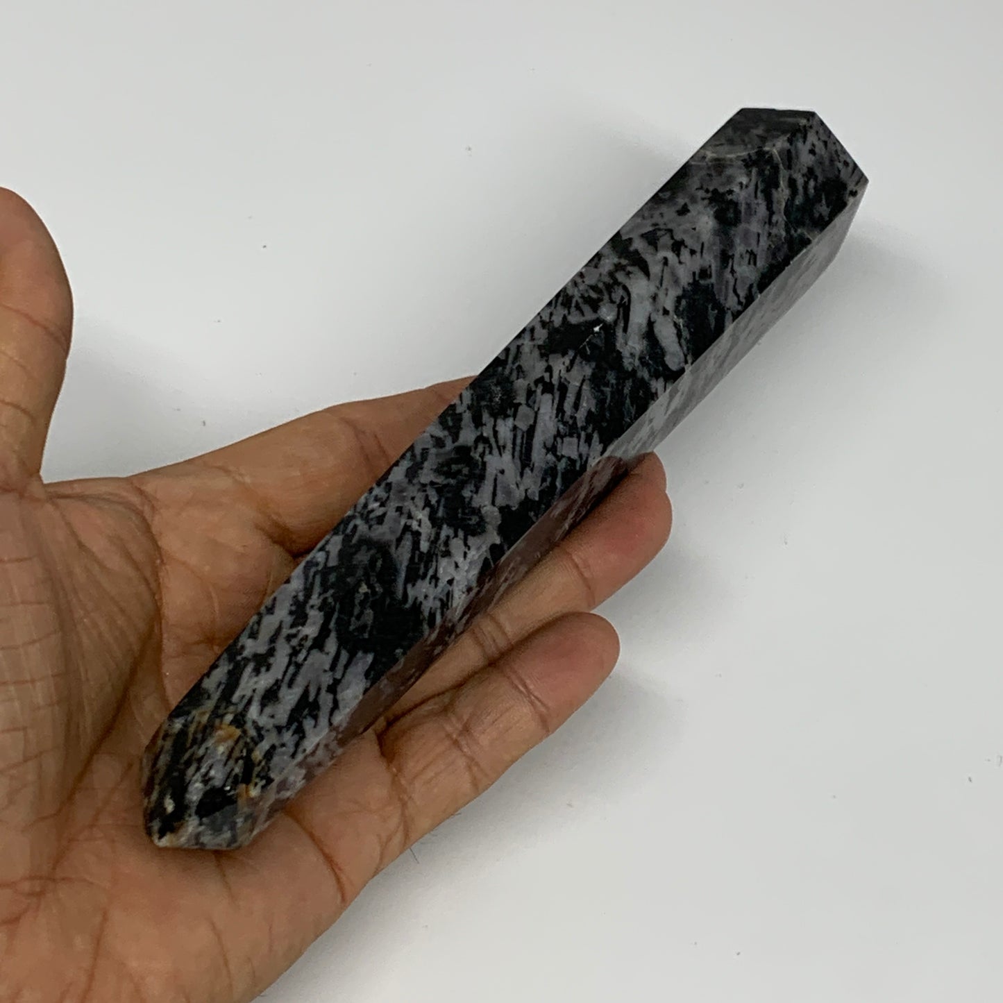 327.2g, 7.4" x 1.4" x 1.2" Indigo Gabro Merlinite Point Tower @Madagascar,B18385