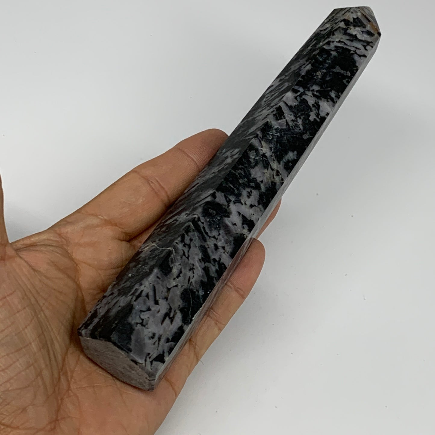 327.2g, 7.4" x 1.4" x 1.2" Indigo Gabro Merlinite Point Tower @Madagascar,B18385