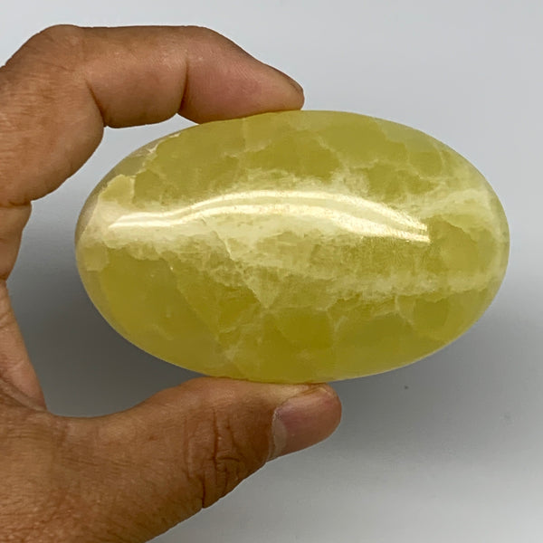 135.3g, 3"x1.9"x0.9", Lemon Calcite Palm-Stone Crystal Polished @Pakistan,B26414