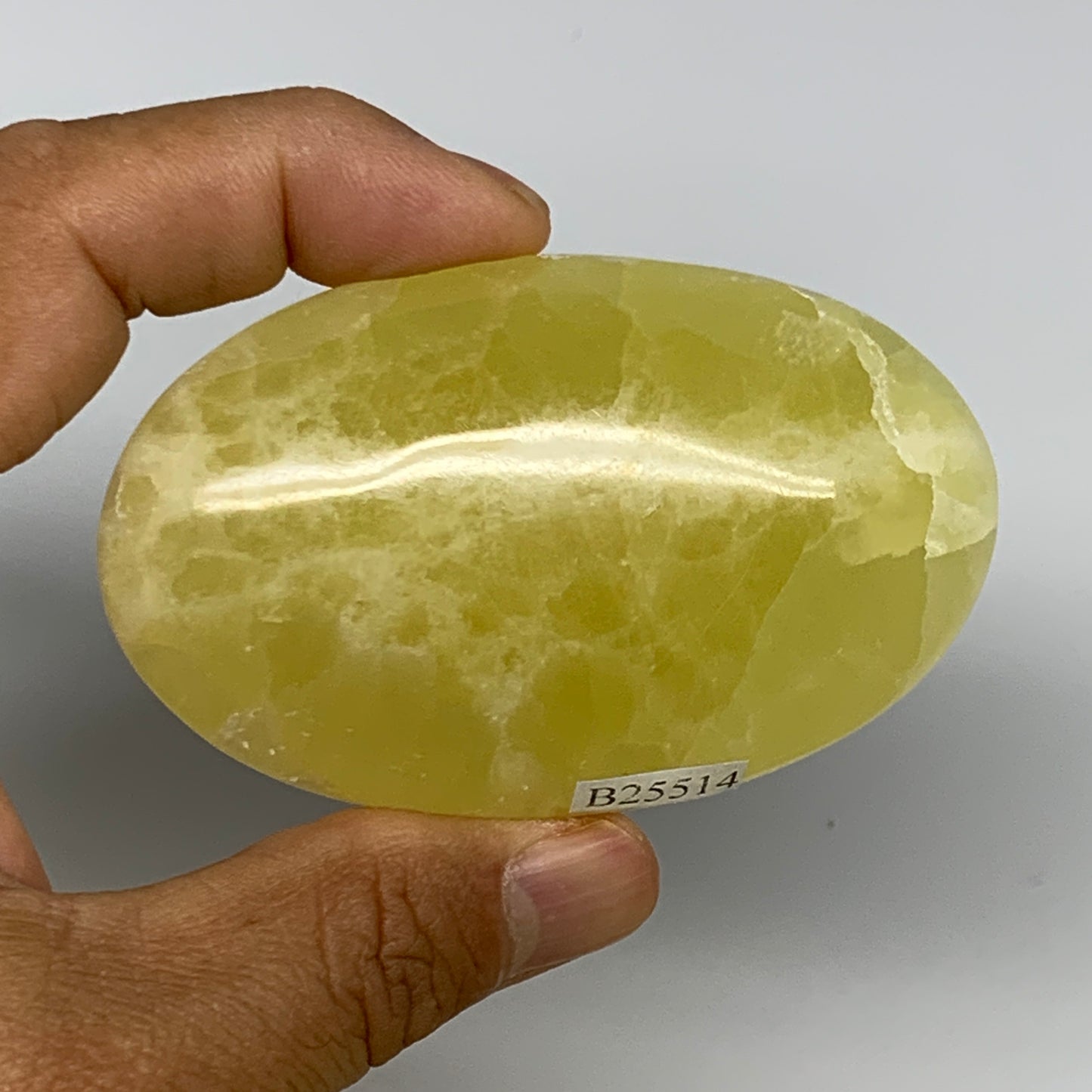 135.3g, 3"x1.9"x0.9", Lemon Calcite Palm-Stone Crystal Polished @Pakistan,B26414