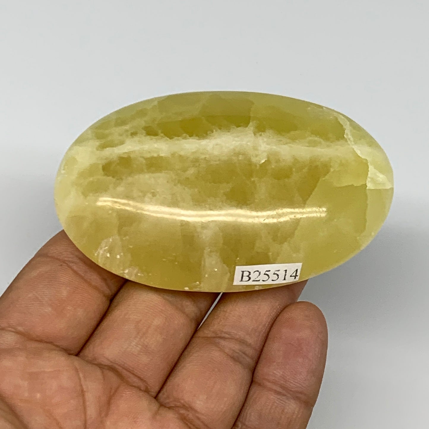 135.3g, 3"x1.9"x0.9", Lemon Calcite Palm-Stone Crystal Polished @Pakistan,B26414