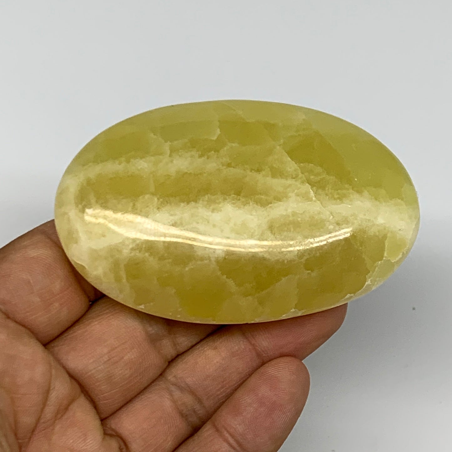 135.3g, 3"x1.9"x0.9", Lemon Calcite Palm-Stone Crystal Polished @Pakistan,B26414
