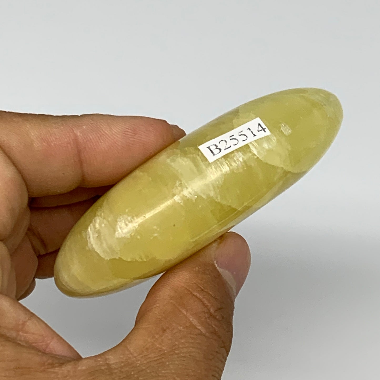 135.3g, 3"x1.9"x0.9", Lemon Calcite Palm-Stone Crystal Polished @Pakistan,B26414