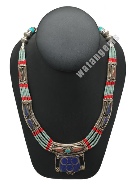 Ethnic Tribal Lapis, Red Coral & Green Turquoise Inlay Statement Necklace, NPL14
