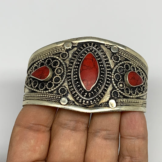 33.9g, 1.6" Turkmen Cuff Bracelet Tribal Small Marquise, Red Coral Inlay, B13491