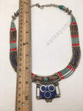 Ethnic Tribal Lapis, Red Coral & Green Turquoise Inlay Statement Necklace, NPL14