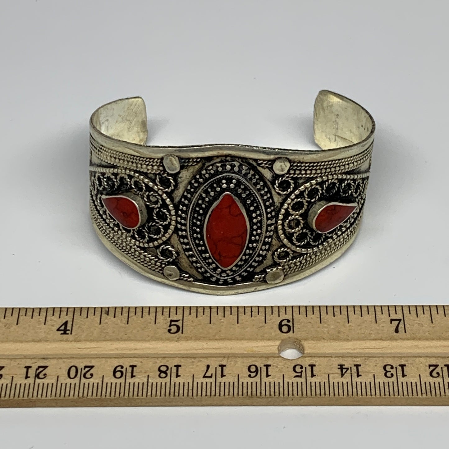 33.9g, 1.6" Turkmen Cuff Bracelet Tribal Small Marquise, Red Coral Inlay, B13491