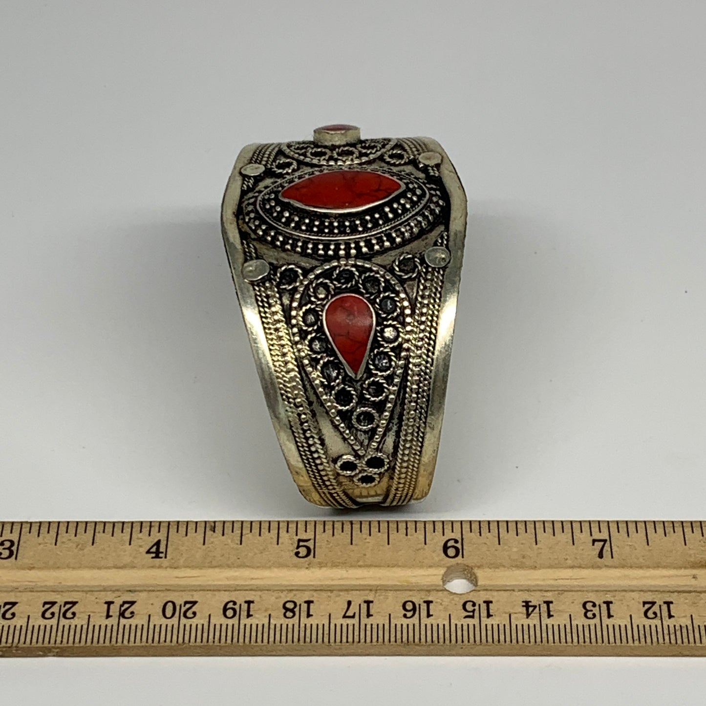 33.9g, 1.6" Turkmen Cuff Bracelet Tribal Small Marquise, Red Coral Inlay, B13491