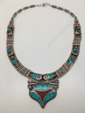 Ethnic Tribal Lapis,Red Coral & Green Turquoise Inlay Statement Necklace, NPL146