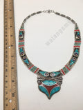 Ethnic Tribal Lapis,Red Coral & Green Turquoise Inlay Statement Necklace, NPL146