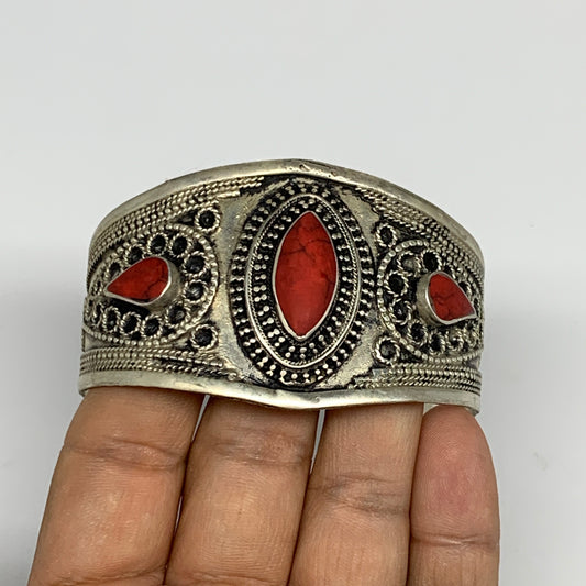 33.7g, 1.6" Turkmen Cuff Bracelet Tribal Small Marquise, Red Coral Inlay, B13494