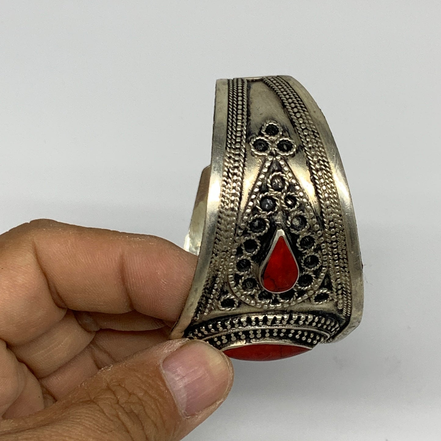 33.7g, 1.6" Turkmen Cuff Bracelet Tribal Small Marquise, Red Coral Inlay, B13494