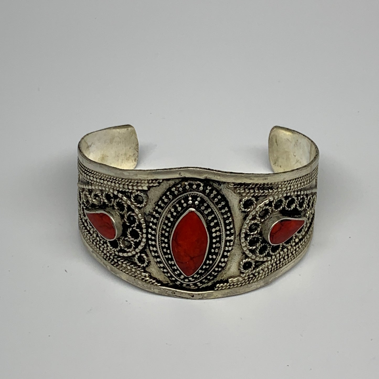 33.7g, 1.6" Turkmen Cuff Bracelet Tribal Small Marquise, Red Coral Inlay, B13494