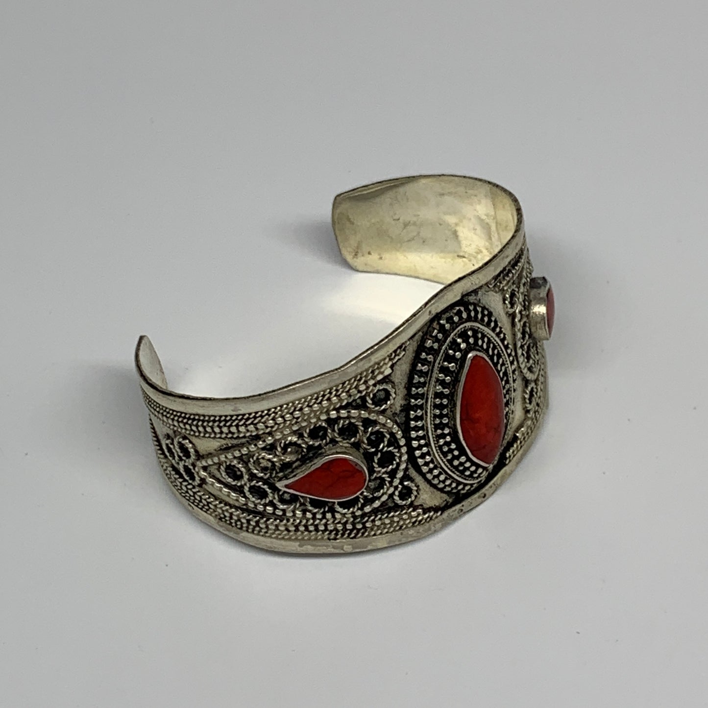 33.7g, 1.6" Turkmen Cuff Bracelet Tribal Small Marquise, Red Coral Inlay, B13494