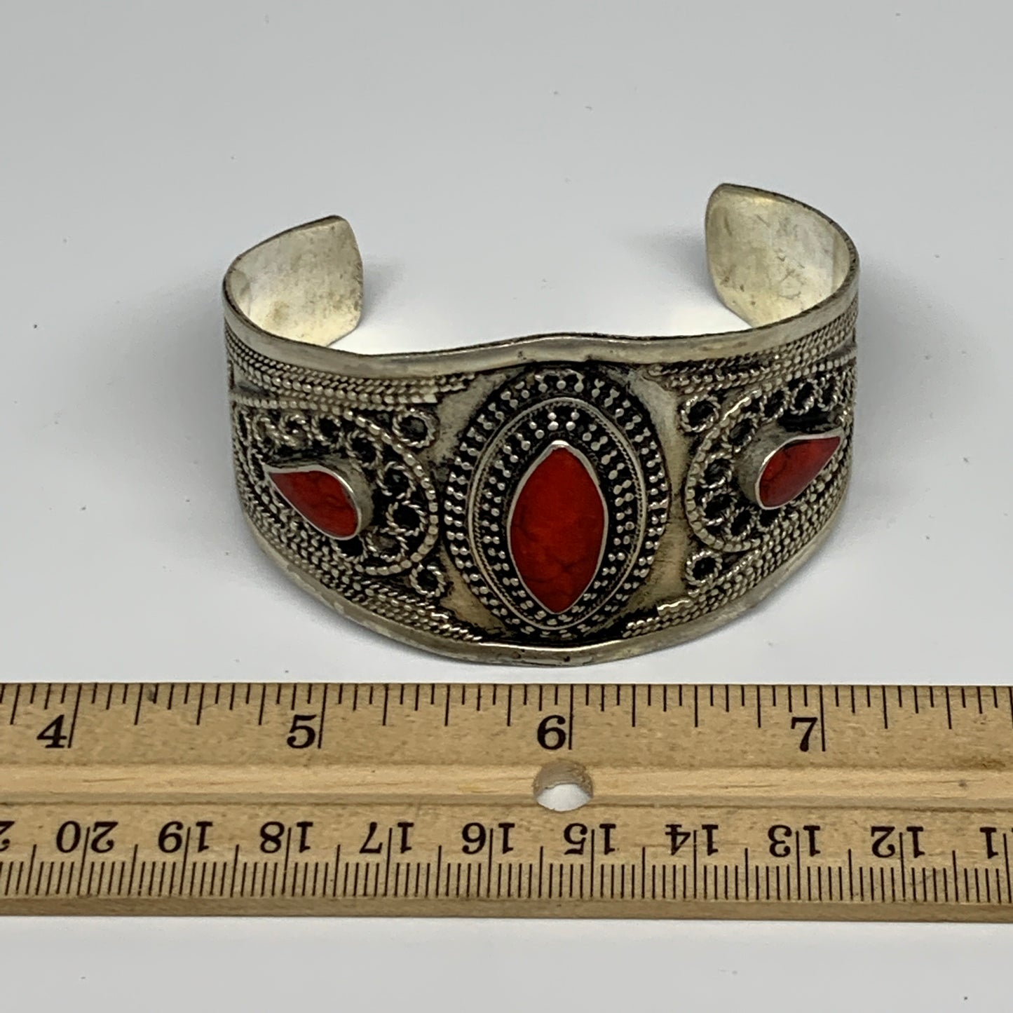 33.7g, 1.6" Turkmen Cuff Bracelet Tribal Small Marquise, Red Coral Inlay, B13494