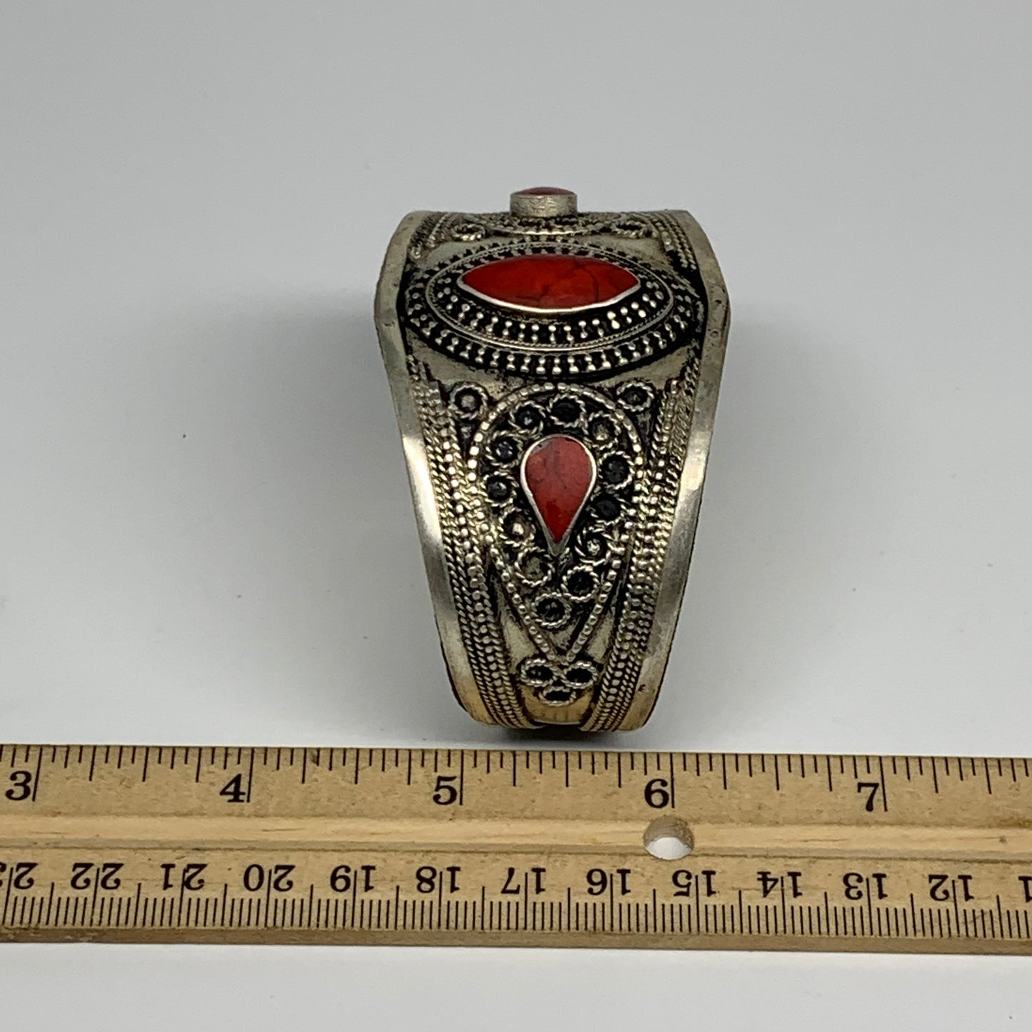 33.7g, 1.6" Turkmen Cuff Bracelet Tribal Small Marquise, Red Coral Inlay, B13494