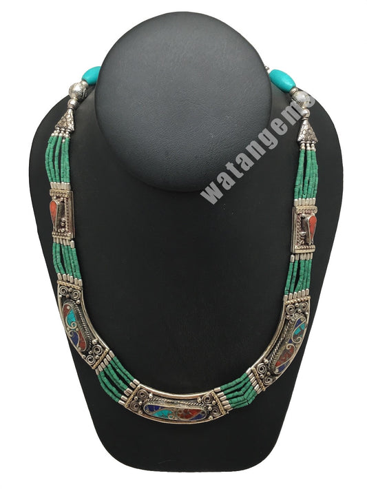 Ethnic Tribal Lapis, Red Coral & Green Turquoise Inlay Statement Necklace,NPN135