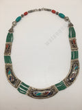 Ethnic Tribal Lapis, Red Coral & Green Turquoise Inlay Statement Necklace,NPN135