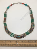 Ethnic Tribal Lapis, Red Coral & Green Turquoise Inlay Statement Necklace,NPN135