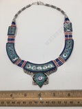 Ethnic Tribal Lapis, Red Coral & Green Turquoise Inlay Statement Necklace,NPN131