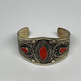 34.8g, 1.6" Turkmen Cuff Bracelet Tribal Small Marquise, Red Coral Inlay, B13498