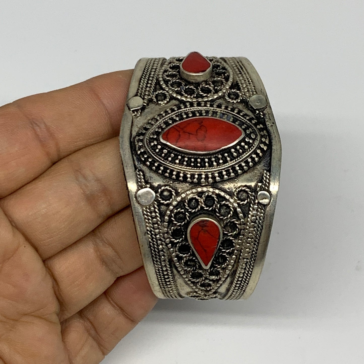 34.6g, 1.6" Turkmen Cuff Bracelet Tribal Small Marquise, Red Coral Inlay, B13499