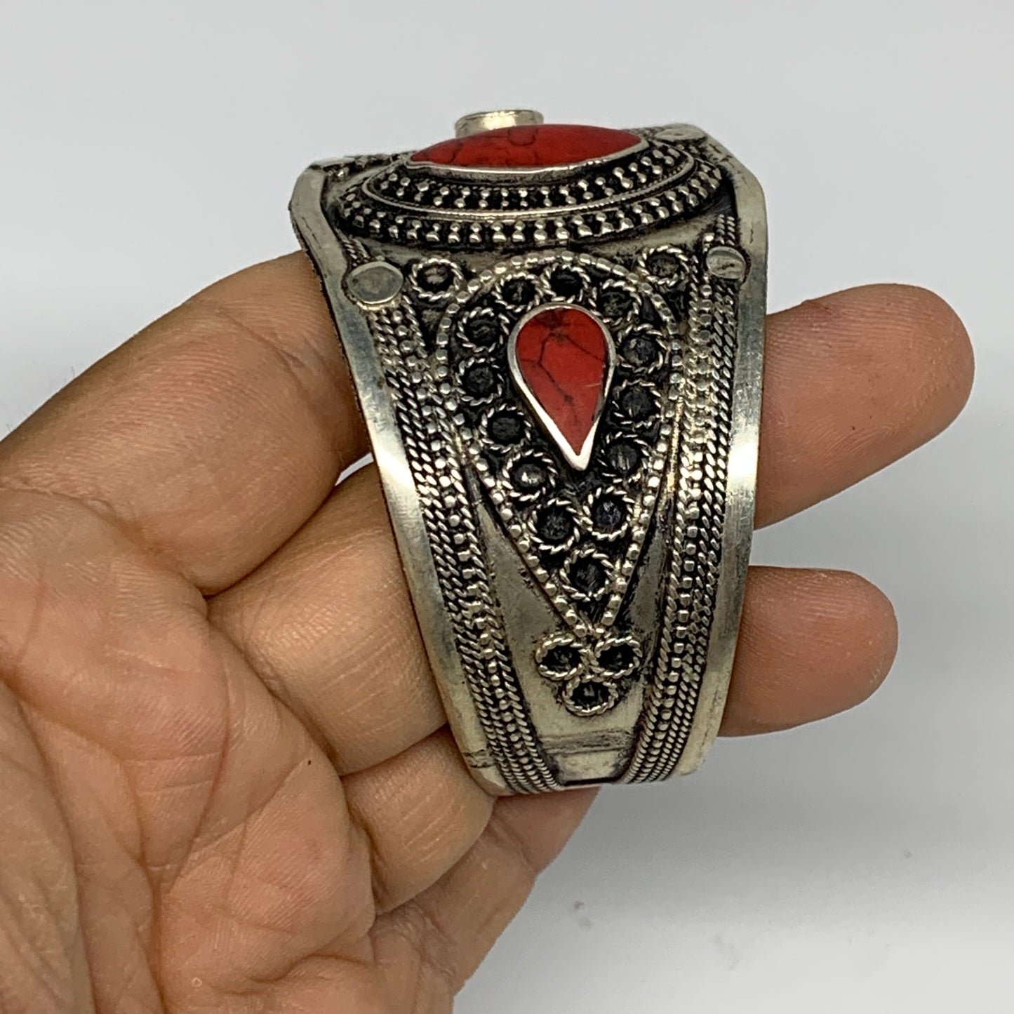 34.6g, 1.6" Turkmen Cuff Bracelet Tribal Small Marquise, Red Coral Inlay, B13499