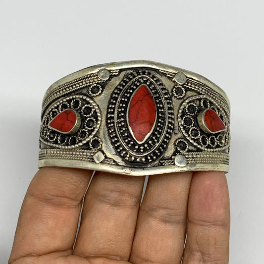 33.8g, 1.6" Turkmen Cuff Bracelet Tribal Small Marquise, Red Coral Inlay, B13500