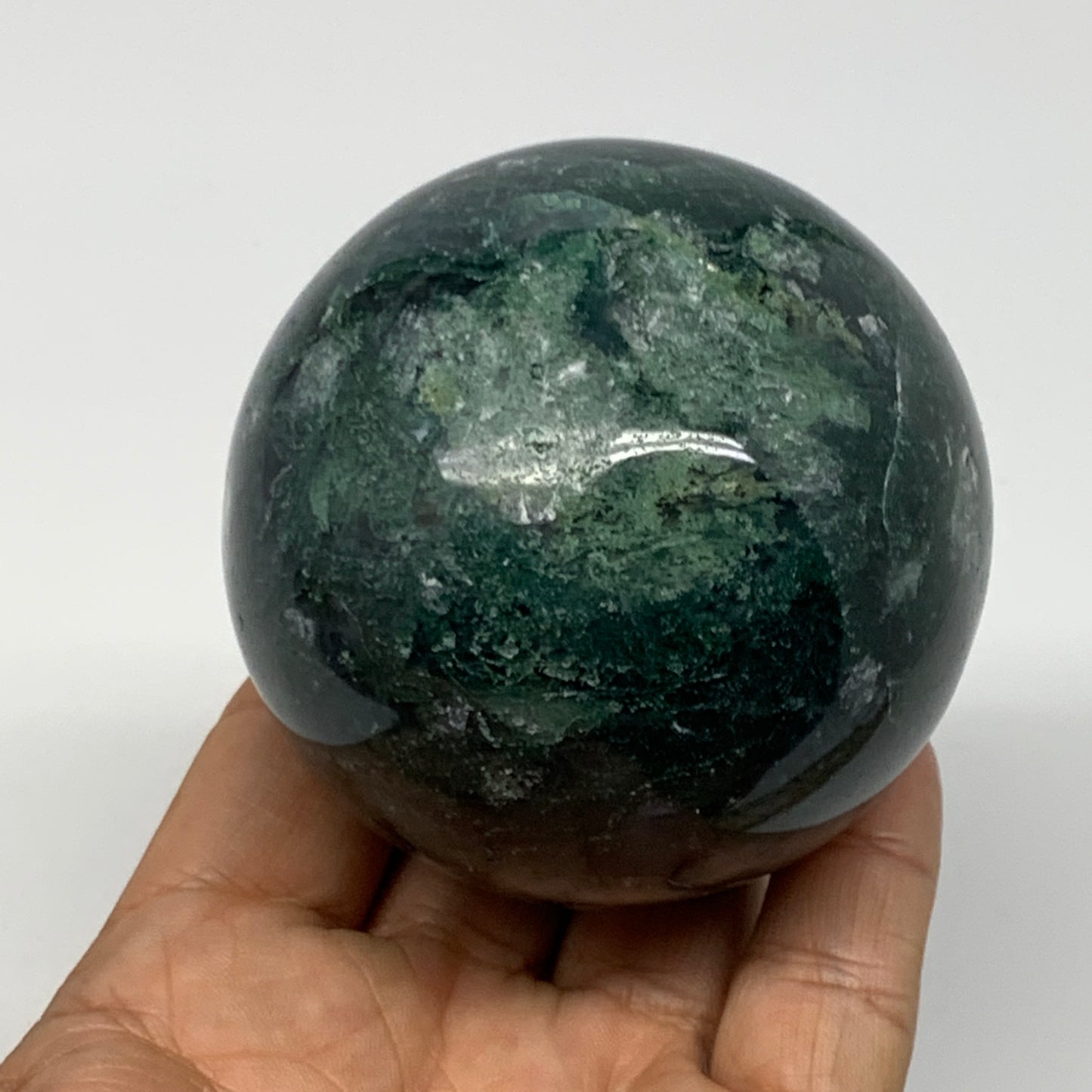 420.4g,2.7"(67mm), Natural Moss Agate Sphere Ball Gemstone @India,B22469