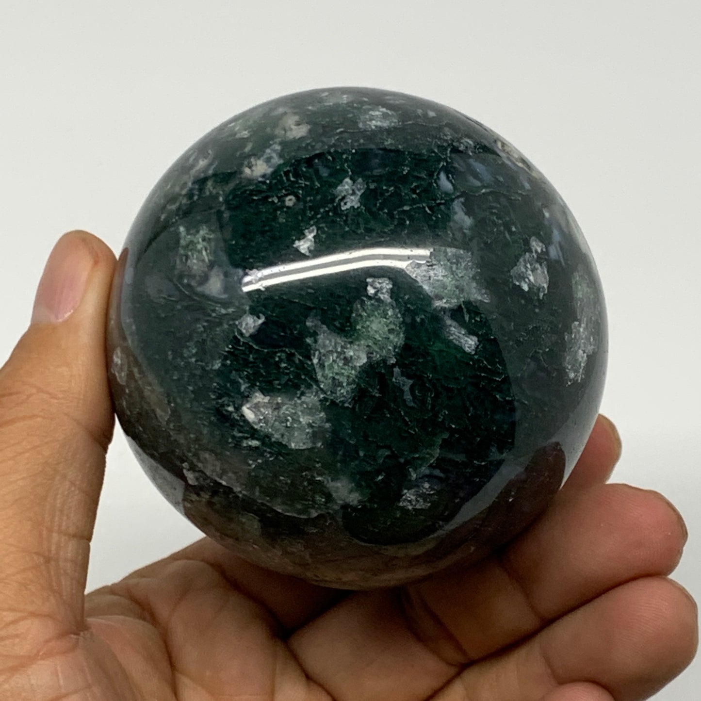 420.4g,2.7"(67mm), Natural Moss Agate Sphere Ball Gemstone @India,B22469