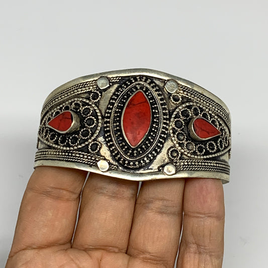 34.2g, 1.6" Turkmen Cuff Bracelet Tribal Small Marquise, Red Coral Inlay, B13501
