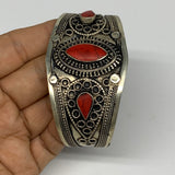 33.8g, 1.6" Turkmen Cuff Bracelet Tribal Small Marquise, Red Coral Inlay, B13500