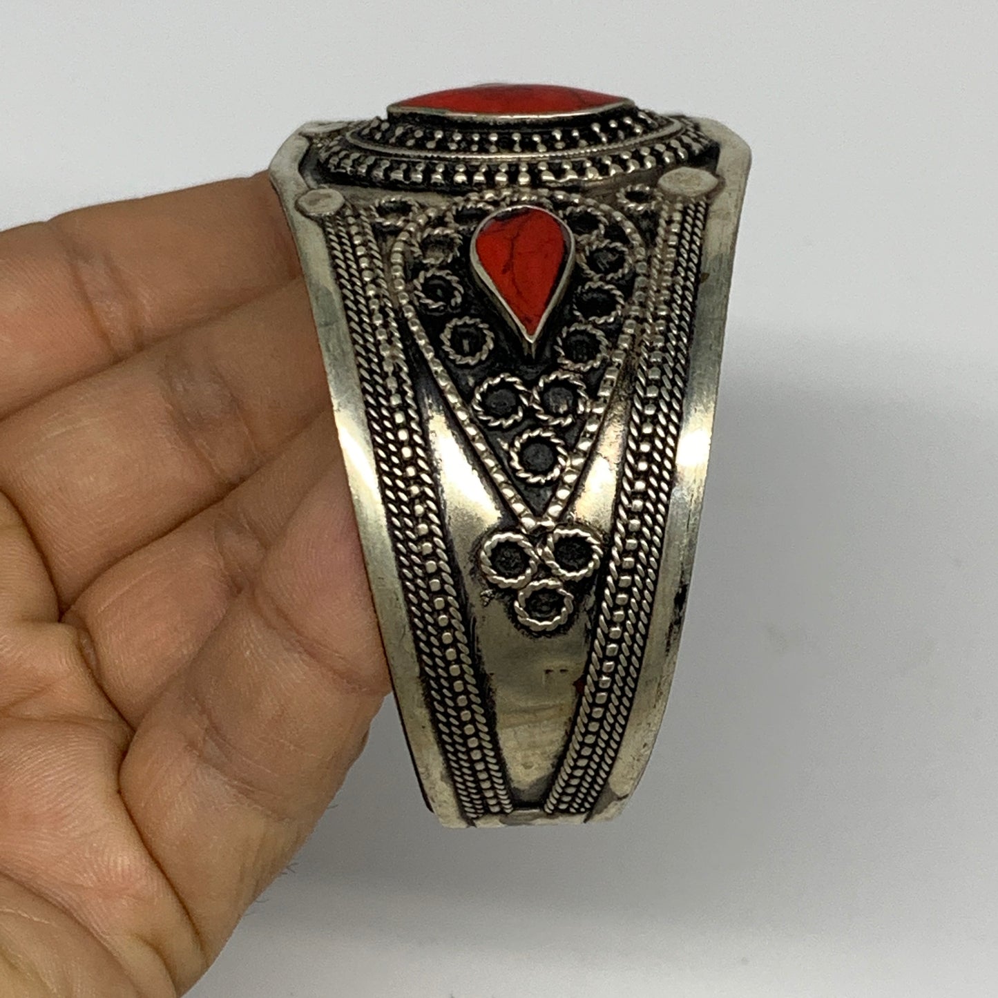 34.2g, 1.6" Turkmen Cuff Bracelet Tribal Small Marquise, Red Coral Inlay, B13501