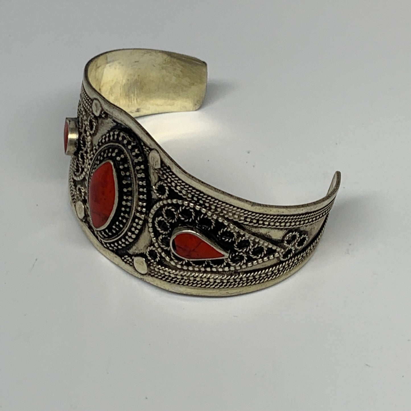 34.2g, 1.6" Turkmen Cuff Bracelet Tribal Small Marquise, Red Coral Inlay, B13501