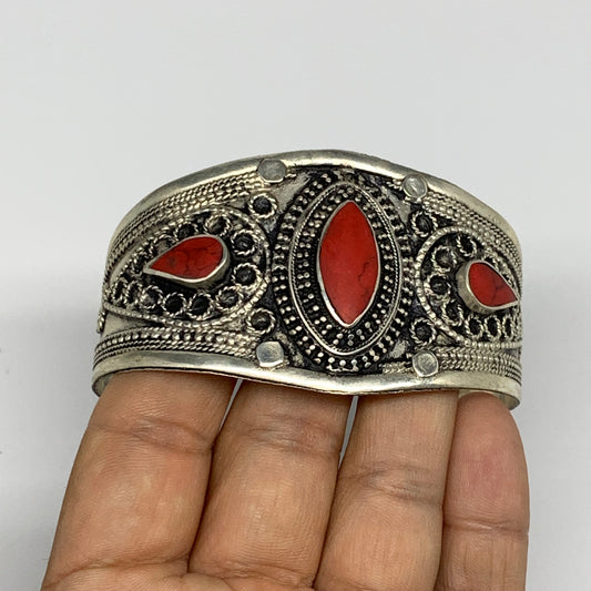 34.4g, 1.6" Turkmen Cuff Bracelet Tribal Small Marquise, Red Coral Inlay, B13504