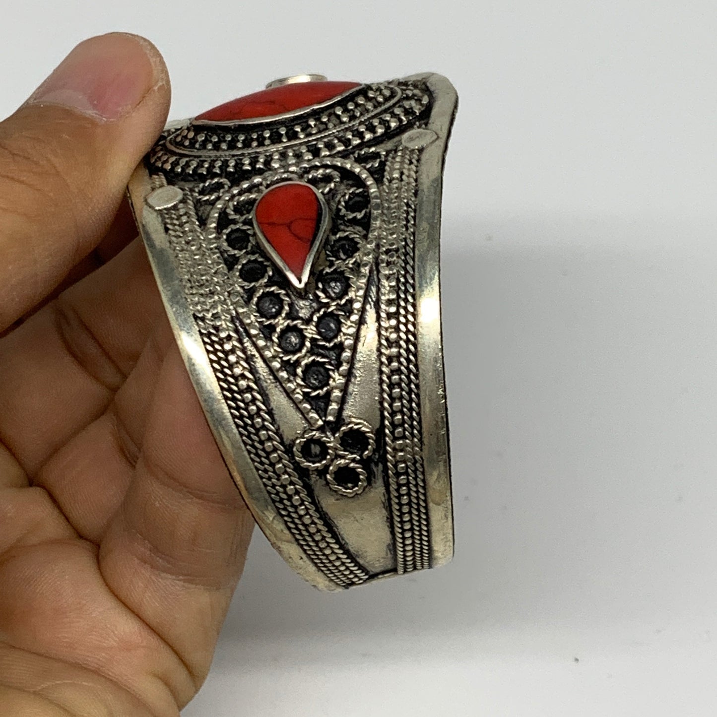 34.4g, 1.6" Turkmen Cuff Bracelet Tribal Small Marquise, Red Coral Inlay, B13504