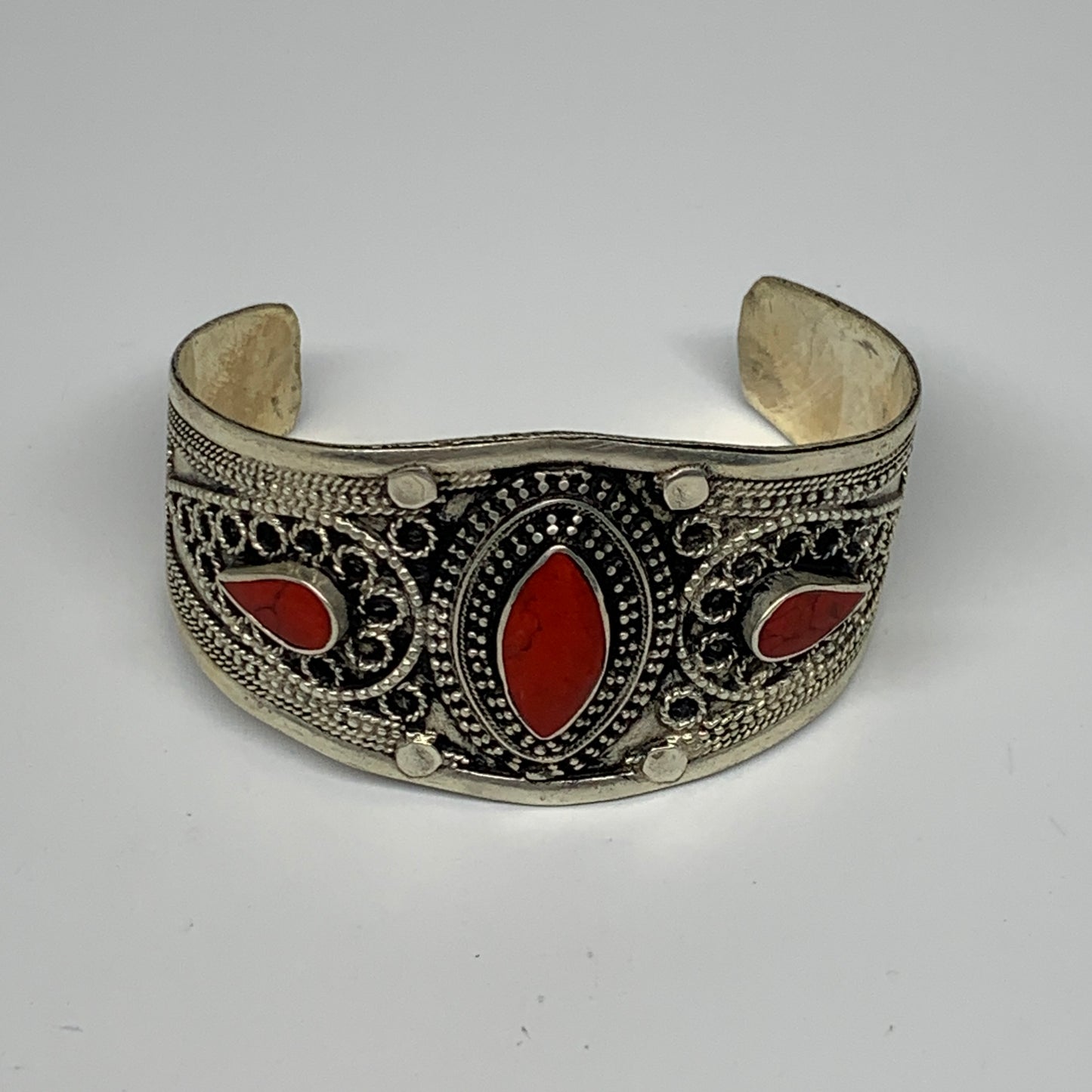 34.4g, 1.6" Turkmen Cuff Bracelet Tribal Small Marquise, Red Coral Inlay, B13504